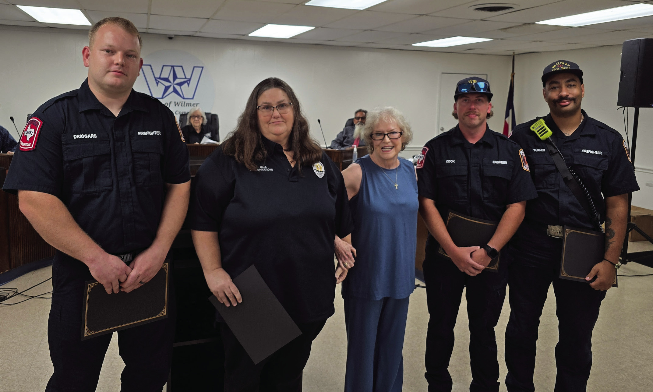 Wilmer’s E-911 Telecommunicator Kimberly Hall and the responding members of the Wilmer Fire Department; Bryce Cook, Bryan Turner, and Preston Driggars were honored in July at the Wilmer City Council meeting with the Meritorious Conduct Award Submitted Photo