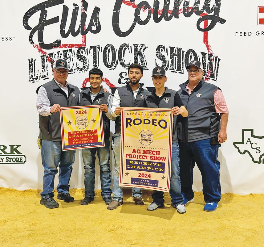 Ag Mechanics Reserve/Division Champion, and Champion Team Showmanship, (l-r), ag teacher Brian Harlan, students Daniel Diaz, German Mora and Edwardo Hernandez, and ag teacher Mac McAlister, Ferris FFA.