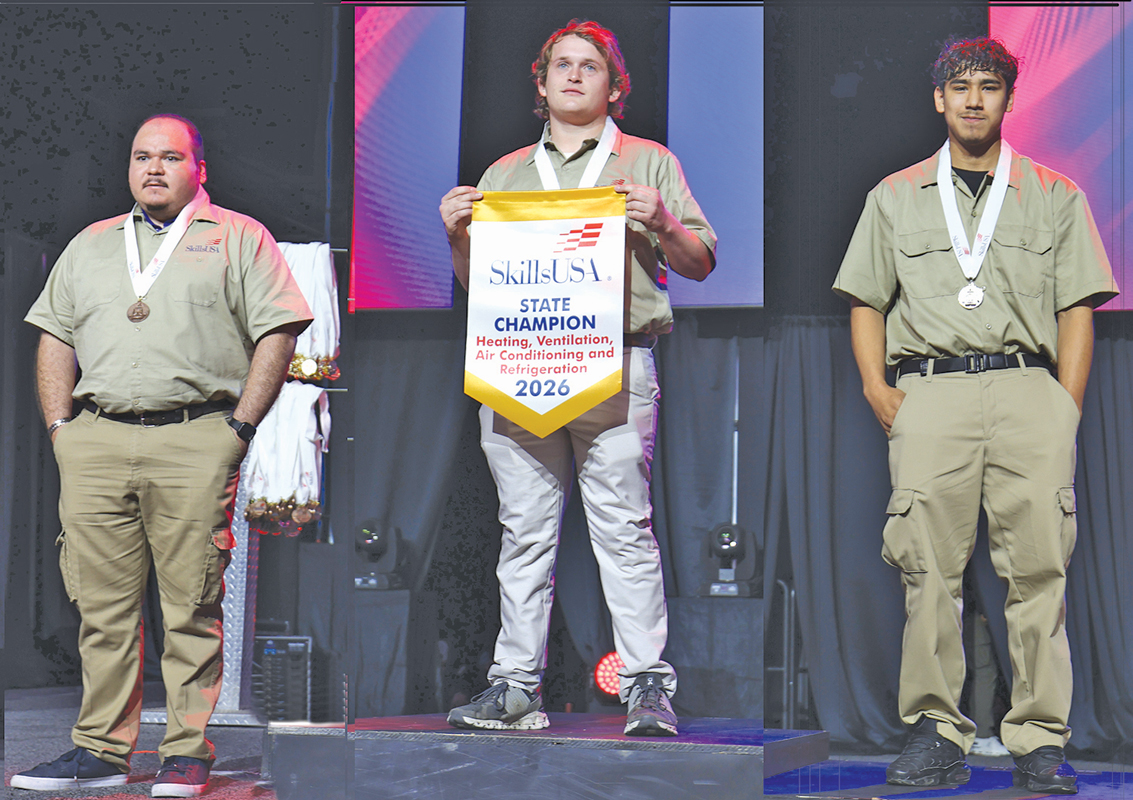 Edward Wilds (middle) received the gold medal for Heating, Ventilation, Air Conditioning and Refrigeration at the recent 2026 SkillsUSA Texas Postsecondary Leadership and Skills Conference in Corpus Christi. Photo courtesy TSTC.