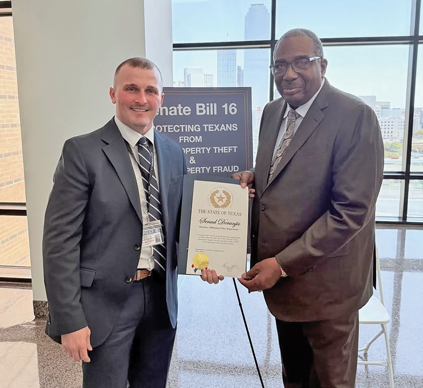 Midlothian Police Department’s Detective Senad Deranjic was recently recognized by Texas Senator Royce West. Submitted photo.