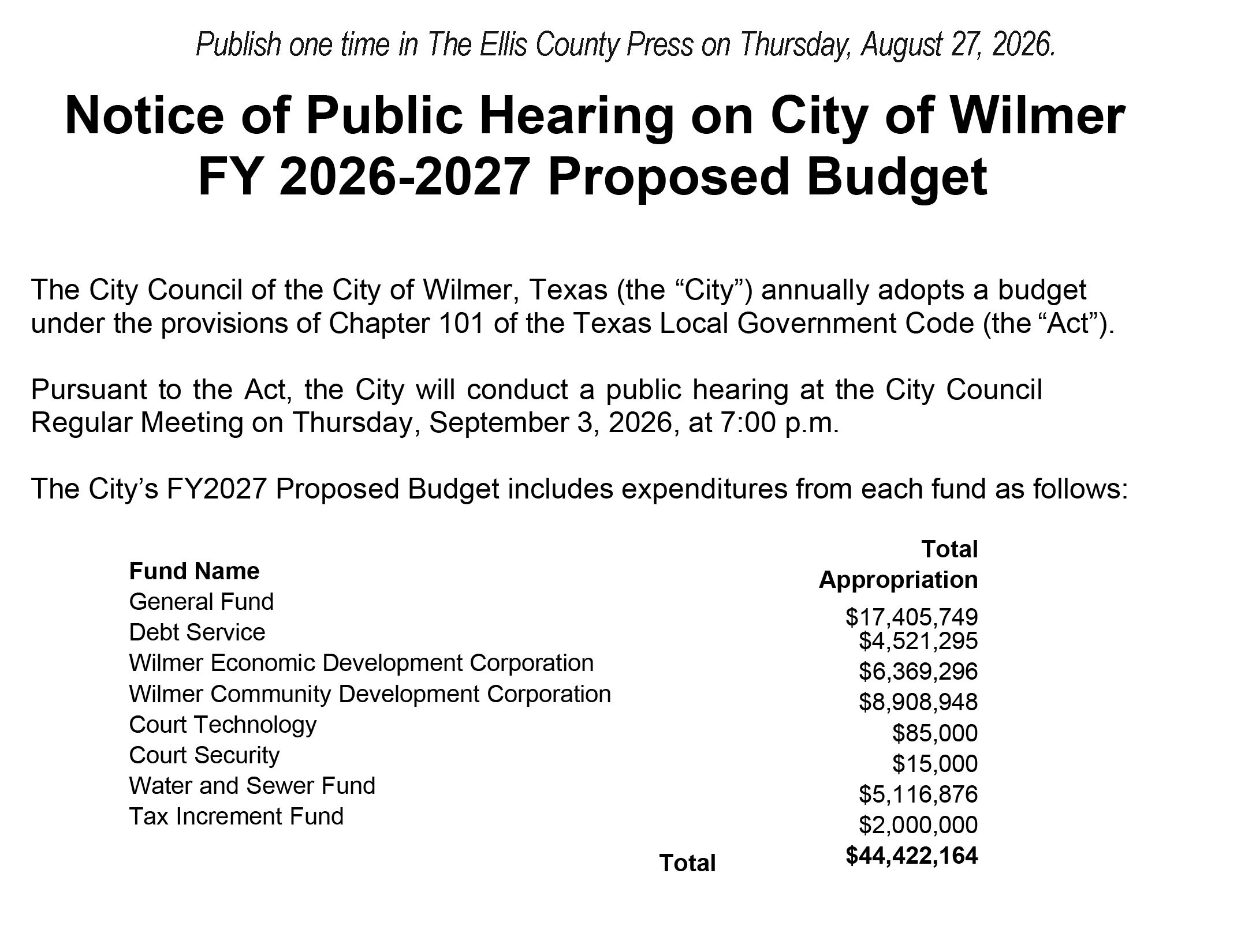 Publish one time in The Ellis County Press on Thursday, August 27, 2026.