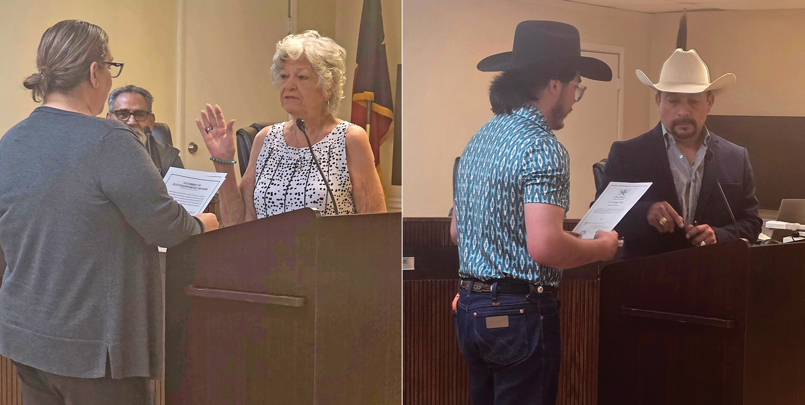 Sheila Petta sworn in as mayor (left), Moses Garcia sworn in as councilmember (right). Submitted photos.