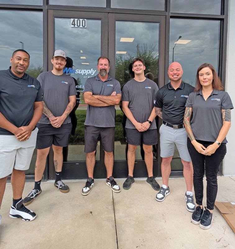 From left: De’Andre Aron, Purchasing Manager; Chris Nicholson, Warehouse Associate; James Fulton, President; Tanner Coker, Warehouse Manager; Jeremy Besson, Territory Manager; and Paige Gaffield, Operations Manager. Not pictured are Kylee Ganske and Zachery Martinez.