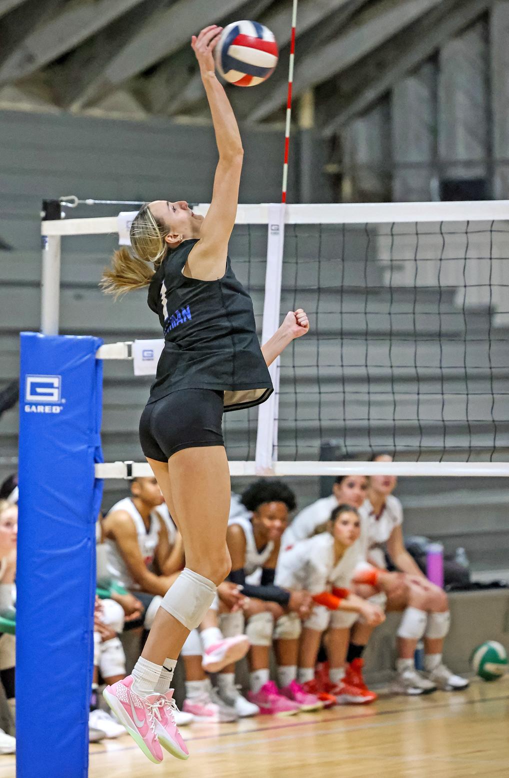 Midlothian’s Kameron Rector, the games MVP, with one of many kill shots for the West All Stars.
