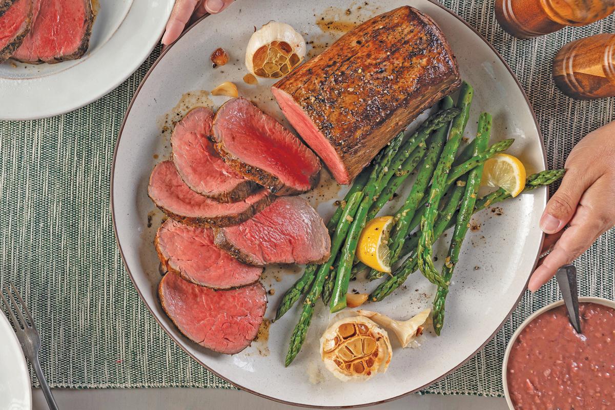 Roasted Chateaubriand with Red Wine Gravy and Lemon-Garlic Asparagus