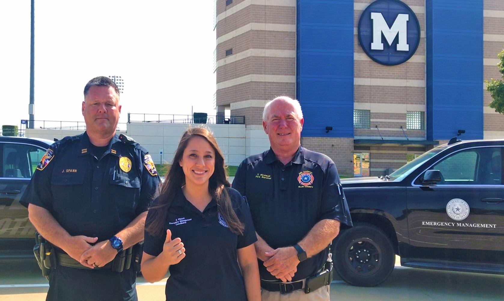 Midlothian Police Captain J. Spann, Ellis County Emergency Management Coordinator Samantha Pickett, and Ellis County Fire Marshall Tim Birdwell get ready for the upcoming third annual Ellis County Preparedness Fair.