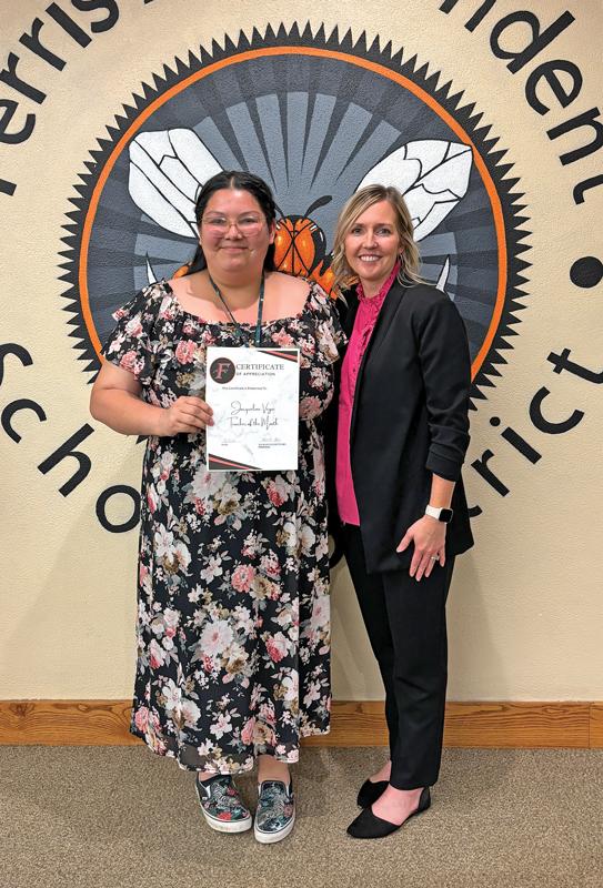 Ingram Teacher of the Month Jacqueline Vega, with Ingram Principal Mandy Allen.