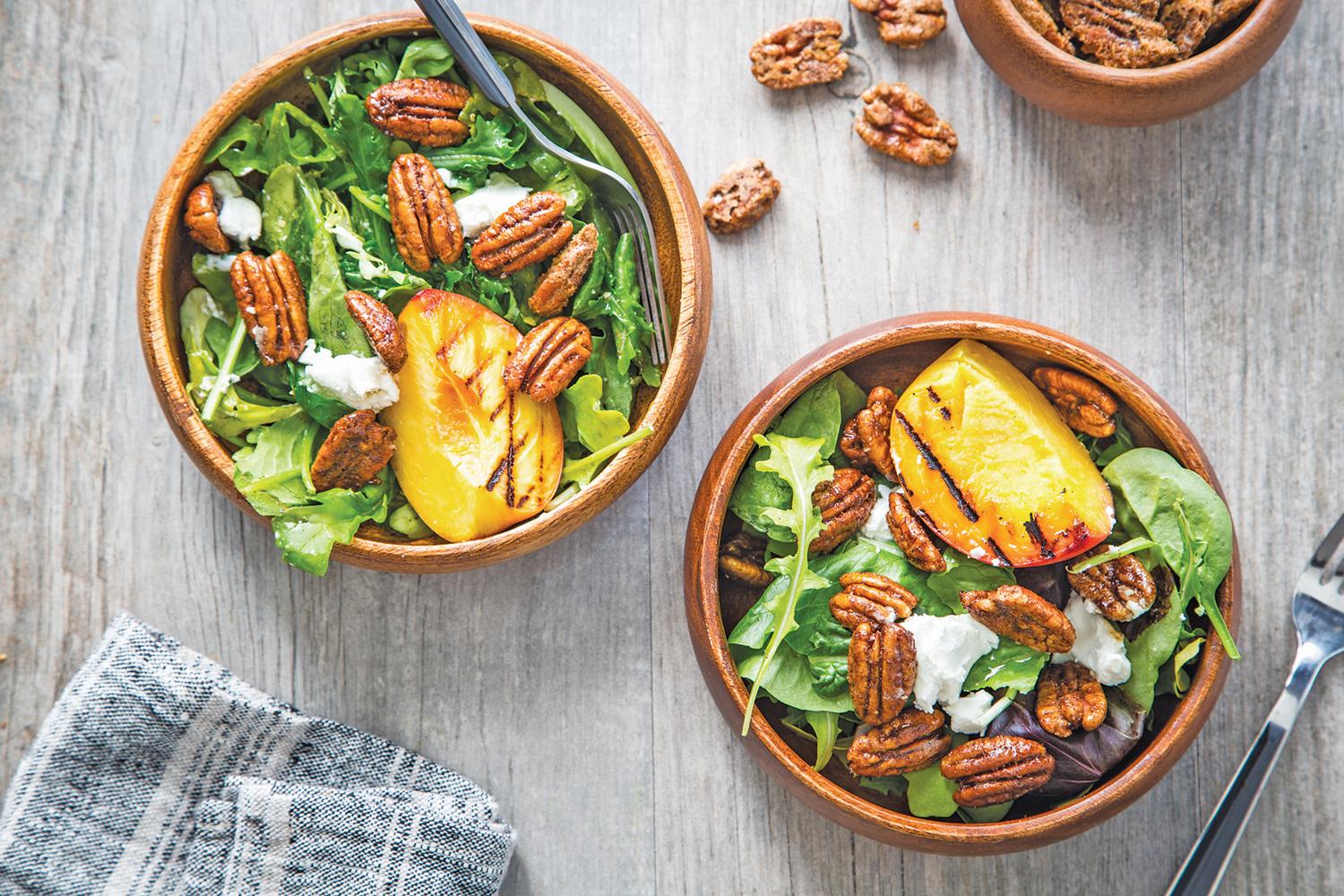 Spiced Pecan Grilled Peach Salad with Goat Cheese