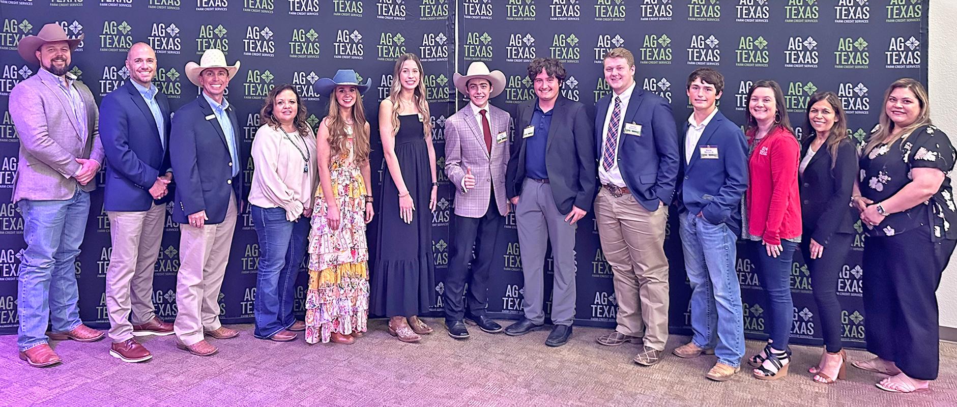AgTexas representatives Cody Reinders, Lee Statham, and Matt Thomas; Orian Gaston (Emhouse 4-H), Elaine Meyers (Corsicana FFA), Aiden Hunter (Ellis County 4-H), Victor Vizcarra (Dawson FFA), Tanner Williams (Dawson FFA), and Blane Mynarcik (Bynum FFA); and AgTexas representatives Lauren Burrow, Kari Martin, and Helena Hernandez.