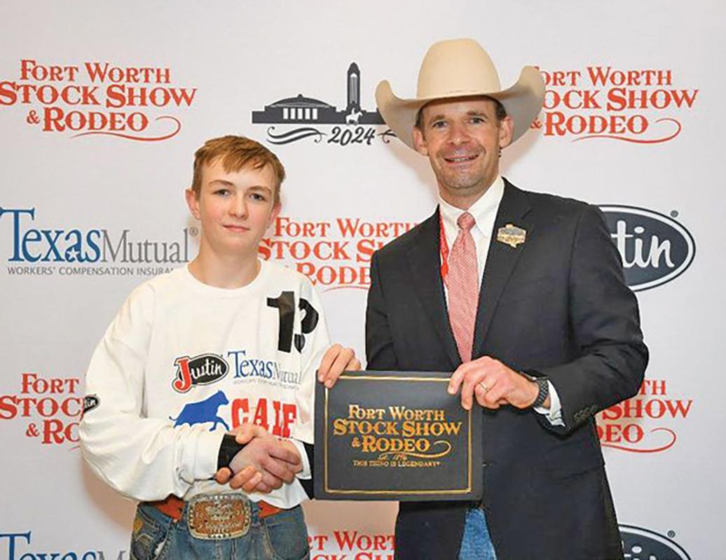 Cade Nolen of Waxahachie, a member of Ellis County 4-H, caught a calf during the 2024 Fort Worth Stock Show & Rodeo’s Calf Scramble, earning a $500 purchase certificate for a show heifer and the chance for up to $16,000 in scholarship awards. Nolen’s award was sponsored by ValleyView Energy LLC.