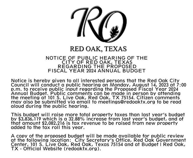 The Public Hearing date for the proposed fiscal year 2024 annual budget ran only in the Dallas Morning News on Aug. 4 and on www.dallasnews.com from Aug. 4 to Aug. 10.