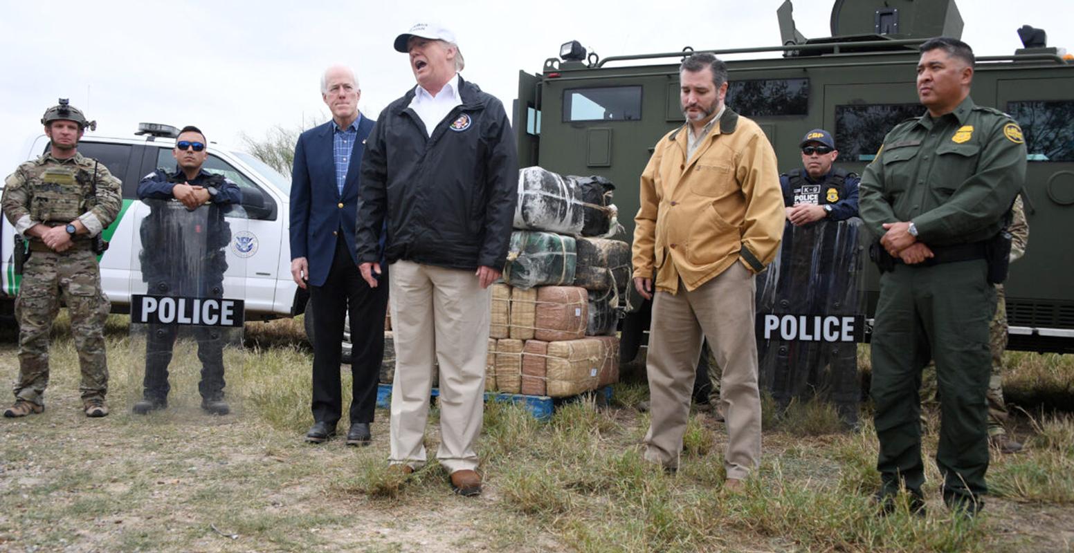 Sen. Ted Cruz and more than a dozen other GOP senators will tour the Texas-Mexico border in the Rio Grande Valley on Friday to assess the illegal immigration crisis there. It will be a return visit for Cruz. Pictured: On Jan. 10, 2019, Cruz (second from right) and fellow Texas Republican Sen. John Cornyn (left) listen as then-President Donald Trump speaks after receiving a briefing on border security in McAllen, Texas. Photo by Jim Watson/Agence France-Presse/Getty Images