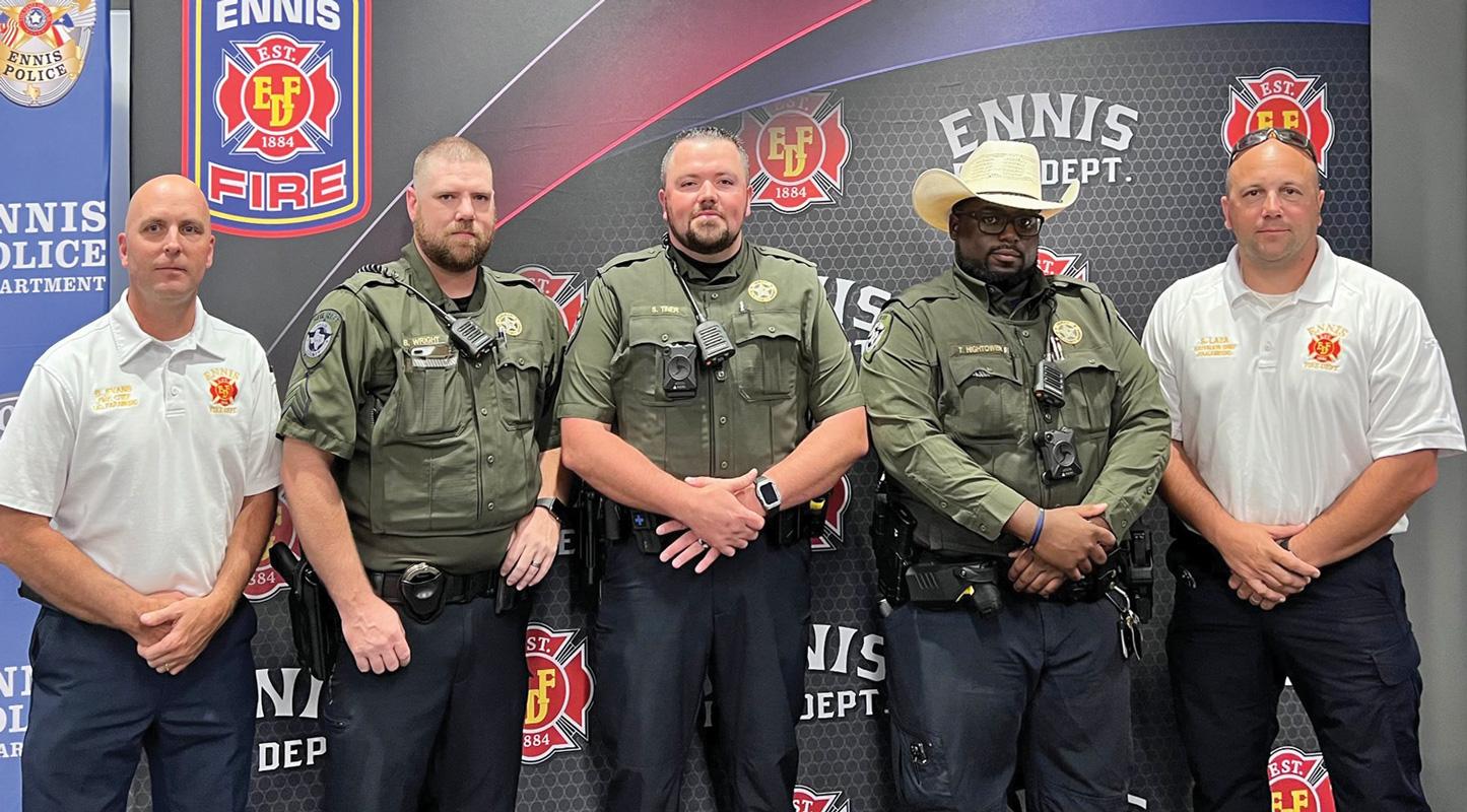 Left to right - Ennis Fire Chief Bill Evans, Sgt Benton Wright, Dep. Stephen Tiner, Dep. Tracy Hightower, and Ennis Battalion Chief Scott Lazasure. “These Deputies went above and beyond the call of duty as they do each and every day and I couldn’t be more proud of them,” said Sheriff Brad Norman. 