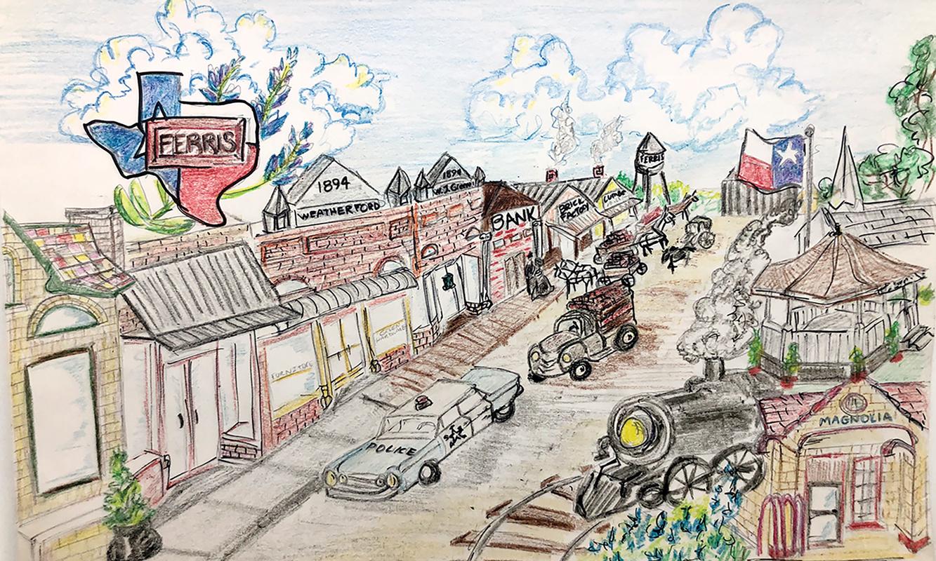 A pencil sketch depicting downtown Ferris was discovered in the old City Hall. The date and author are unknown.