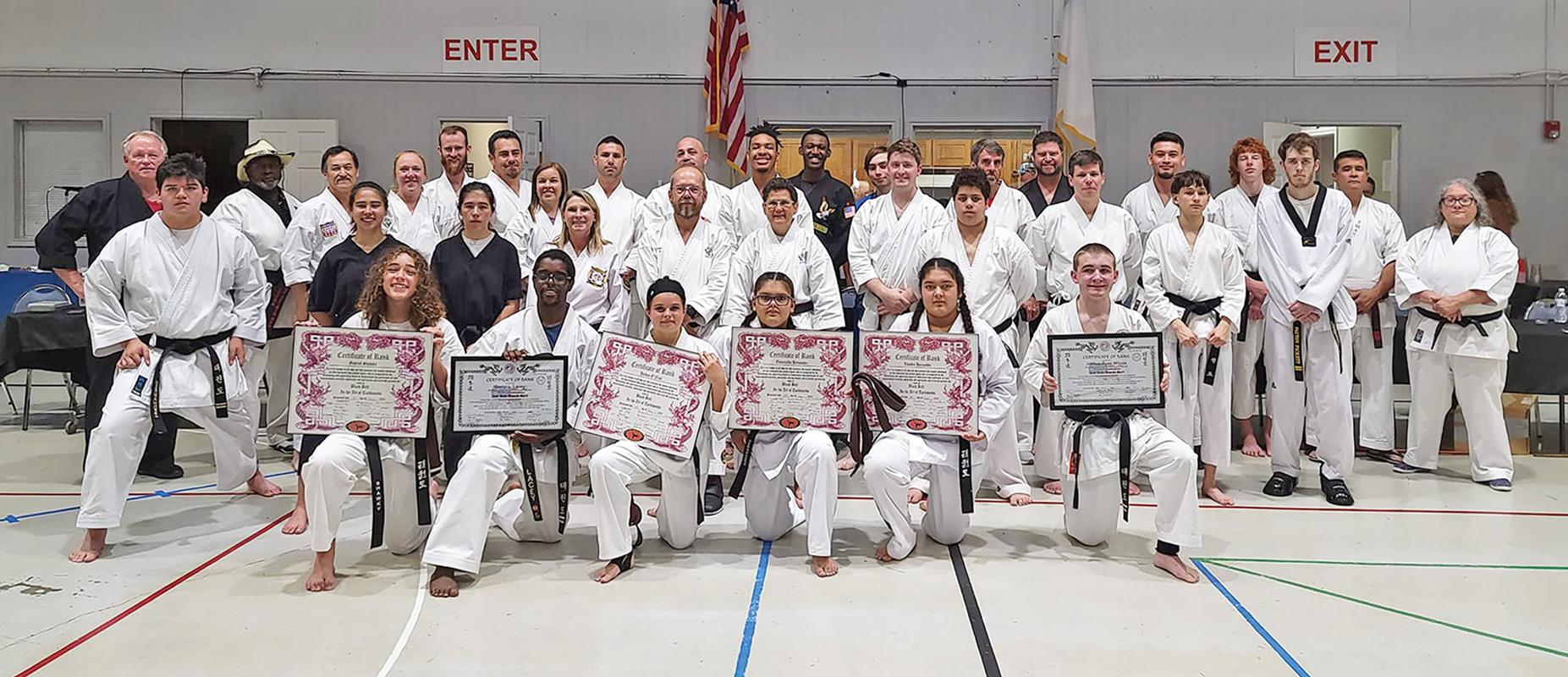 Gabriel Shawky-Black Belt, Darryl Lacey-2nd Dan Black Belt, Jordan O’Neal-Black Belt, Esmeralda Hernandez-Black Belt, Alondra Hernandez-Black Belt, Ryan Wilcox-2nd Dan Black Belt, and Rudy Amor-Black Belt.