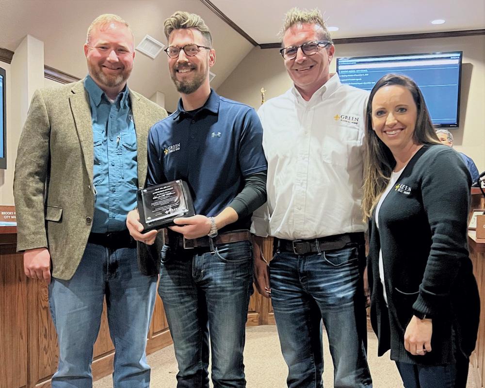 Shown at the ceremony are Ferris City Manager Brooks Williams and Jeremy Lewis, Benjamin LaFleur and Amber Hall of Green Funeral Home in Ferris.