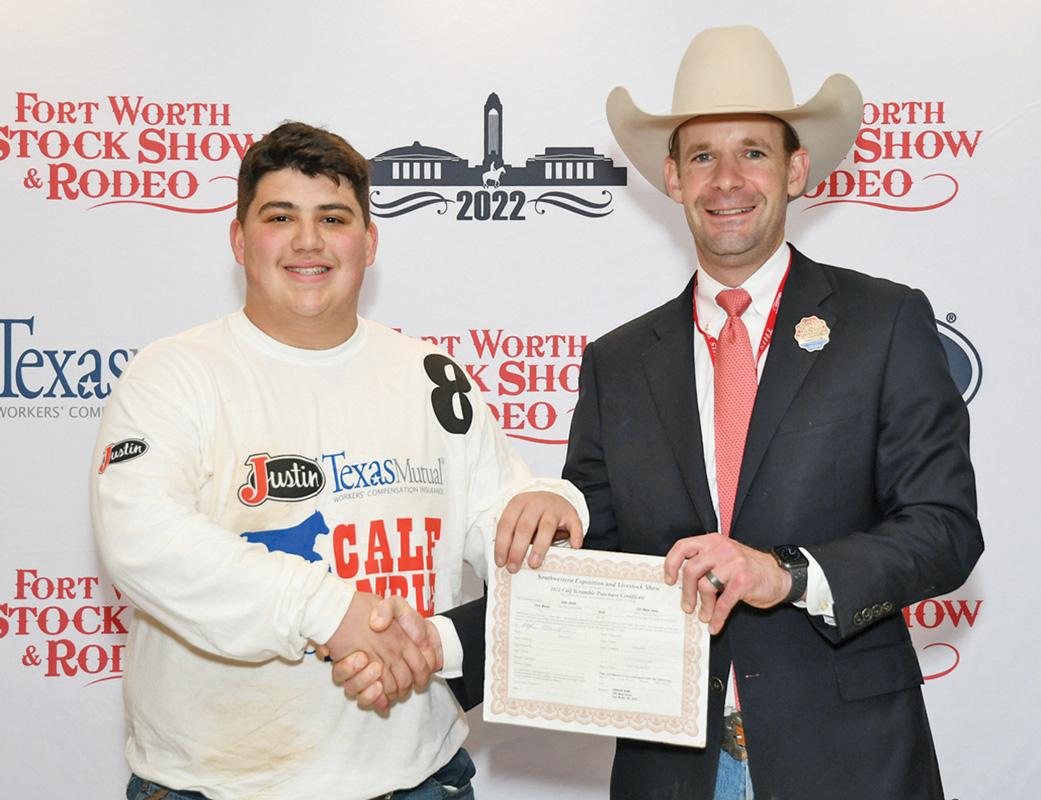 Hagan Carr won a $500 purchase certificate toward a beef or dairy heifer for a 4-H or FFA project for exhibition at next year’s Fort Worth Stock Show & Rodeo. The certificate, presented by Stock Show Calf Scramble Committee member, Paxton Motheral, was sponsored by Rattikin Law.