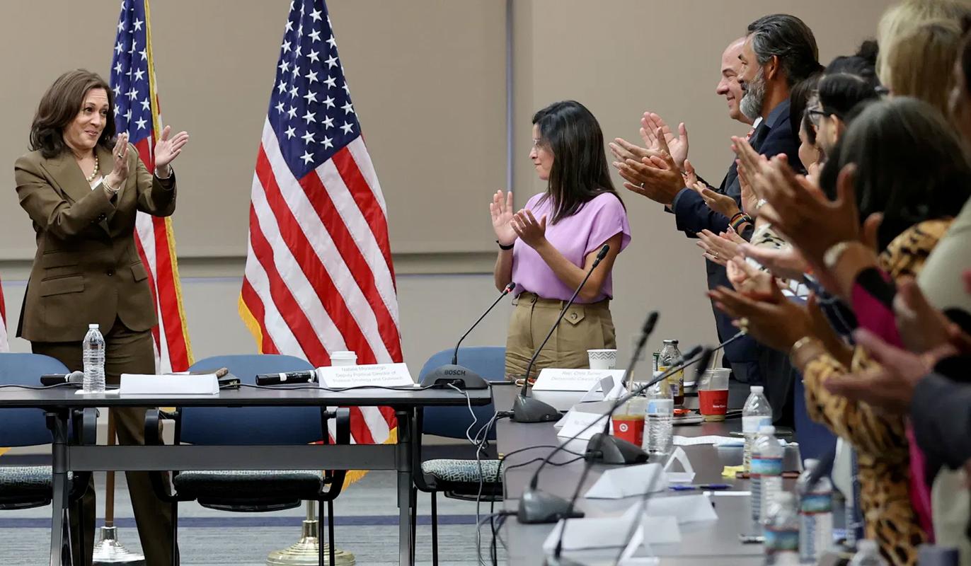 Vice President Kamala Harris meets with Democratic members of the Texas state legislature who fled the state in an effort to slow changes to election laws and voter access, in Washington, D.C., July 13, 2021. Photo by Jonathan Ernst / Reuters.