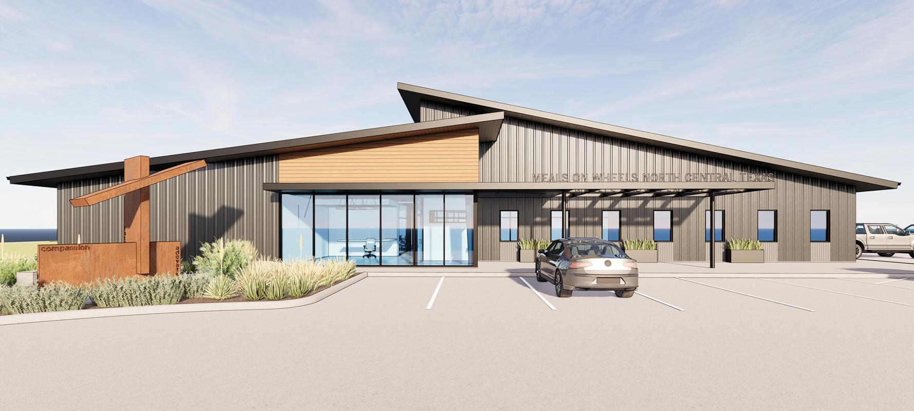 The above rendering, by Schwarz Hanson Architects, depicts the 3,401 sg. ft. Meals on Wheels North Central Texas proposed building.