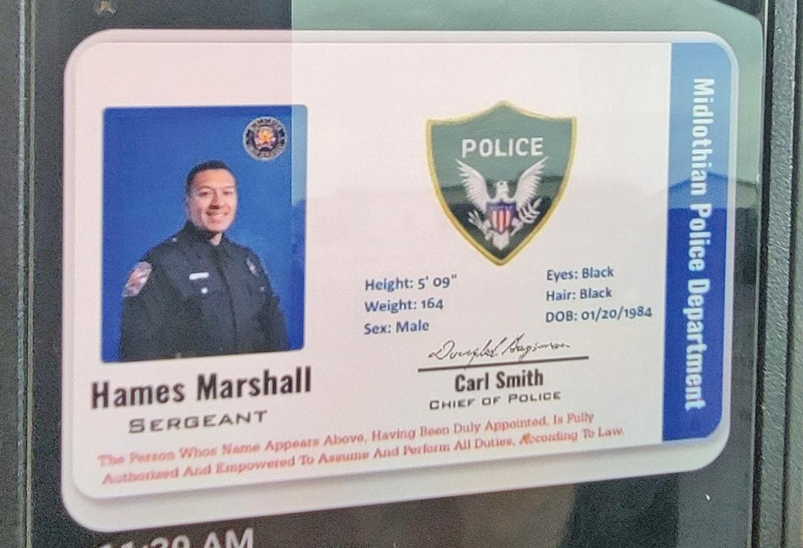 Counterfeit Midlothian police identification card. Photo courtesy Midlothian Police Department