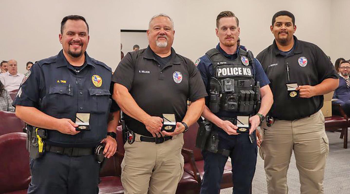 Officers Sergeant Andy Trim, Investigator Steven Nelson, K9 Officer Matthew Pettit, and Officer Jalen Merrick worked as a team, were able to respond, investigate, positively identify the suspect, find, and take the suspect into custody.