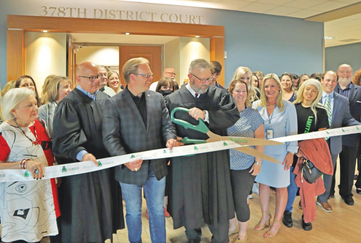 In a ribbon-cutting ceremony held Wednesday, April 14, the 378th District Court of Texas relocated to a new courtroom. Pictured: Judge Joseph Gallo (Left), County Judge Todd Little (Center), Judge William Wallace (Right).