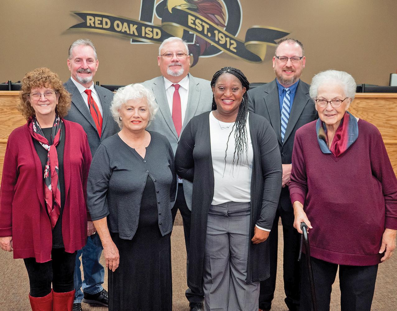 2020-2021 RED OAK ISD SCHOOL BOARD: President John Anderson, Place 3; Vice President  Melanie Petersen, Place 7; Secretary  Penny Story, Place 5; Johnny Knight, Place 4; Michelle Porter, Place 6; Brian Sebring, Place 2; and Dr. Joy Shaw, Place 1.