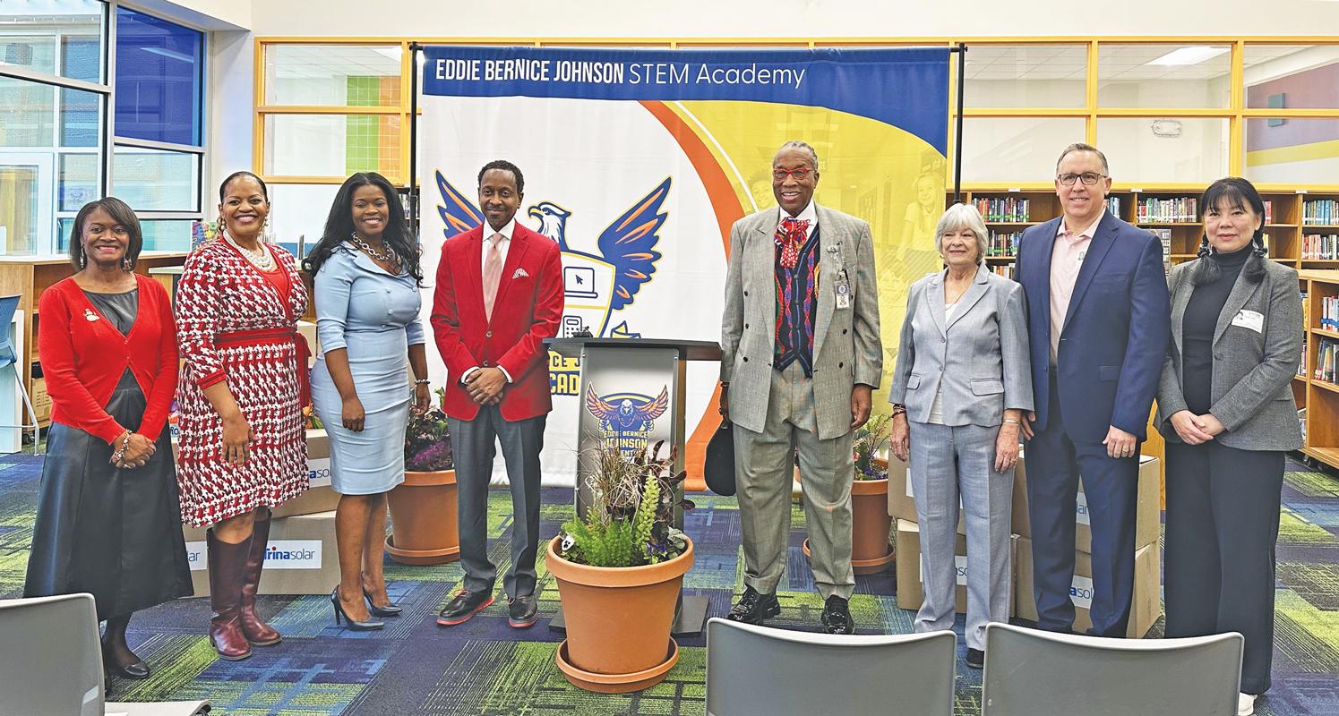 (Left to Right) Jennell Johnson-Polk, assistant principal, EBJ Stem Academy; Jessica Walker, assistant principal, EBJ Stem Academy; Tiffany Huitt-Powell, Dallas County ISD; Marcus Paris, principal EBJ Stem Academy; John Wiley Price, Dallas County Commissioner; Sheila Petta, Wilmer Mayor; Dave Gustafson, General Manager Trinasolar US; and Stephanie Yang, Head of Human Resources Trinasolar US.