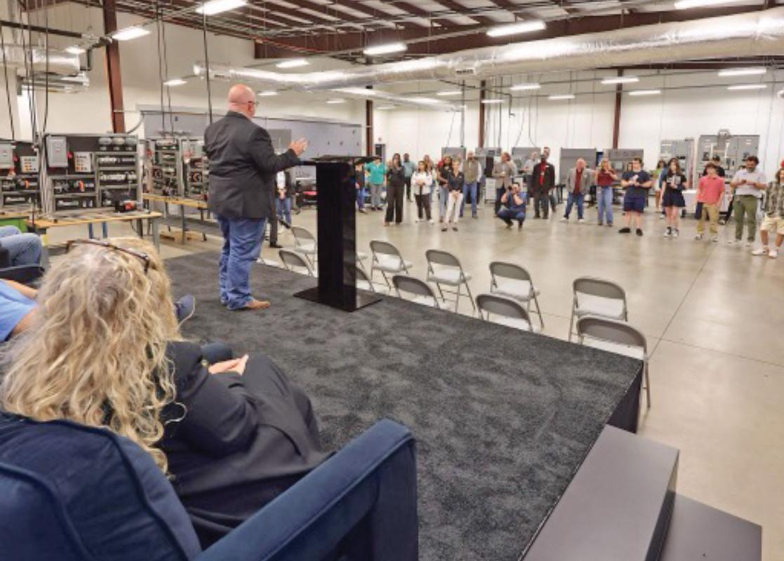 Texas State Technical College staff, area high school students, and representatives of Compass Datacenters gather for the announcement of a new workforce training program on Friday, May 16, at TSTC’s North Texas campus in Red Oak.
