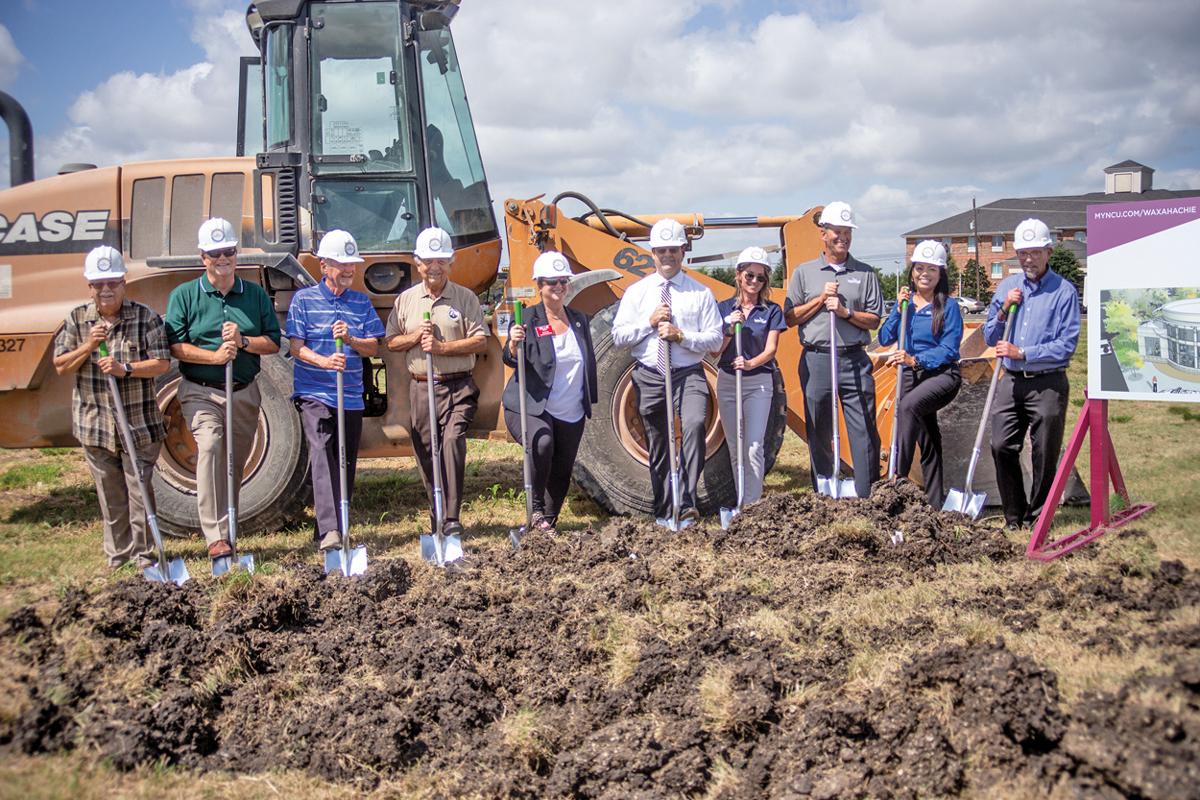 Neighborhood Credit Union Chairman of the Board Dwayne Boozer (left to right) and board members Randy Till and Jimmy Slayton join Waxahachie Mayor Doug Barnes and Mayor Pro Tem Billie Wallace, Ellis County Judge Todd Little, Neighborhood Credit Union Waxahachie Branch Manager Shannon Carr, President & CEO Chet Kimmell and Senior Vice Presidents Francis Santana and Mike Roark, to break ground on the credit union’s new building in Waxahachie, which will open in spring 2022.