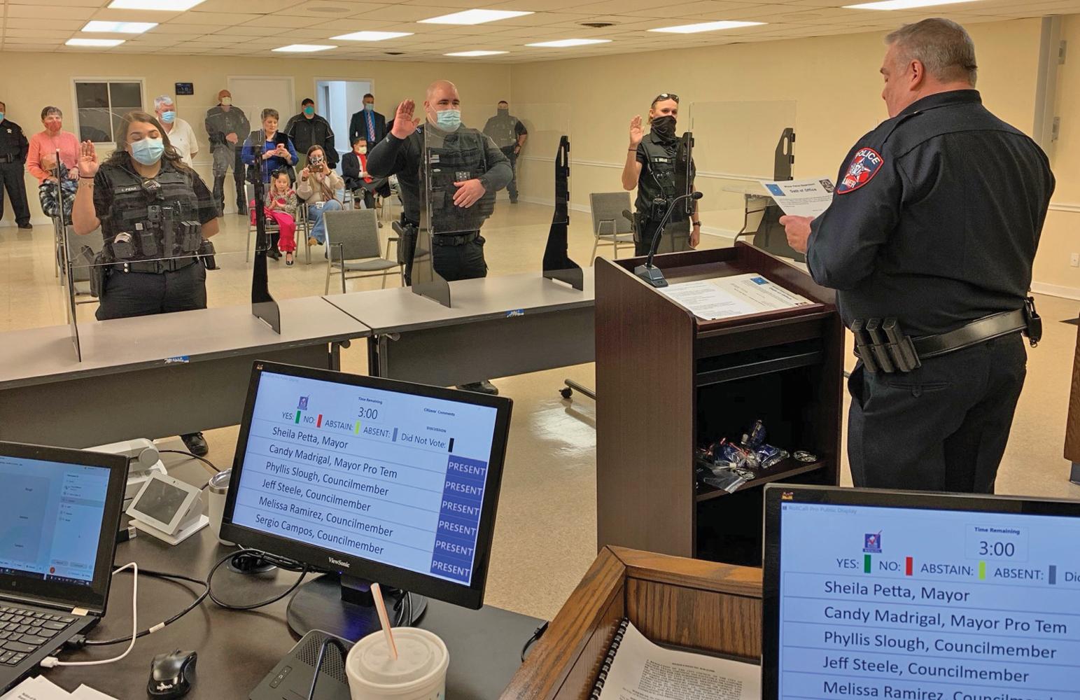 Wilmer Police Chief Victor Kemp swore in three new law enforcement officers at last week’s City Council meeting. Officer Mark Mutina has five years in law enforcement and is a graduate of Navarro College Police Academy. Officer Samantha Bear is a new recruit and graduate of Navarro College Police Academy. Officer Isabel Pena is also a new recruit and graduate of East Texas Police Academy.