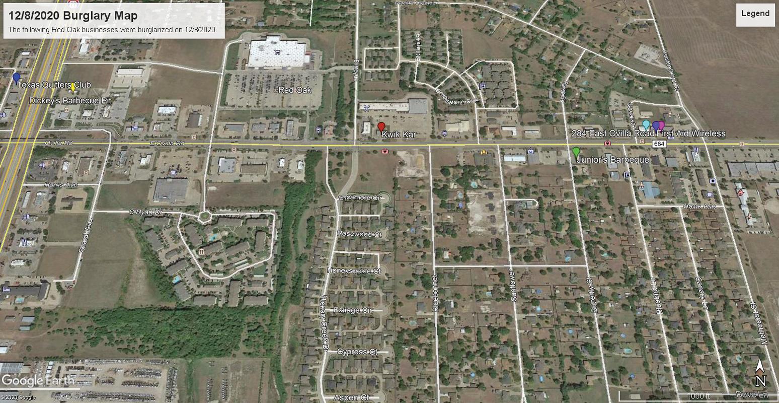 Burglary map shows robbery locations in Red Oak.