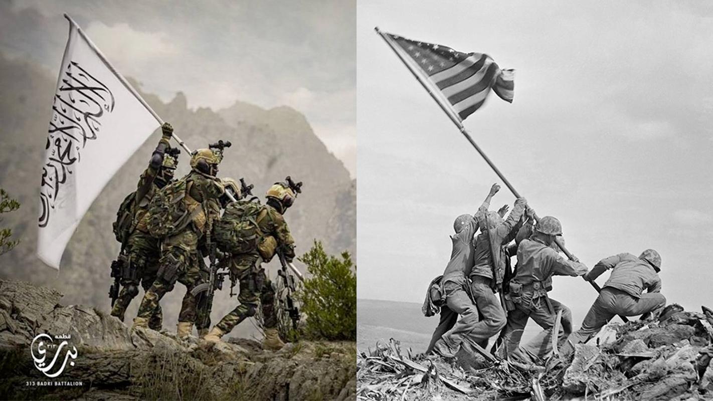 A recently released Taliban propaganda photo appears to mock the famous Iwo Jima flag raising photograph taken by AP photographer Joe Rosenthal in 1945. Image courtesy Marine Times.