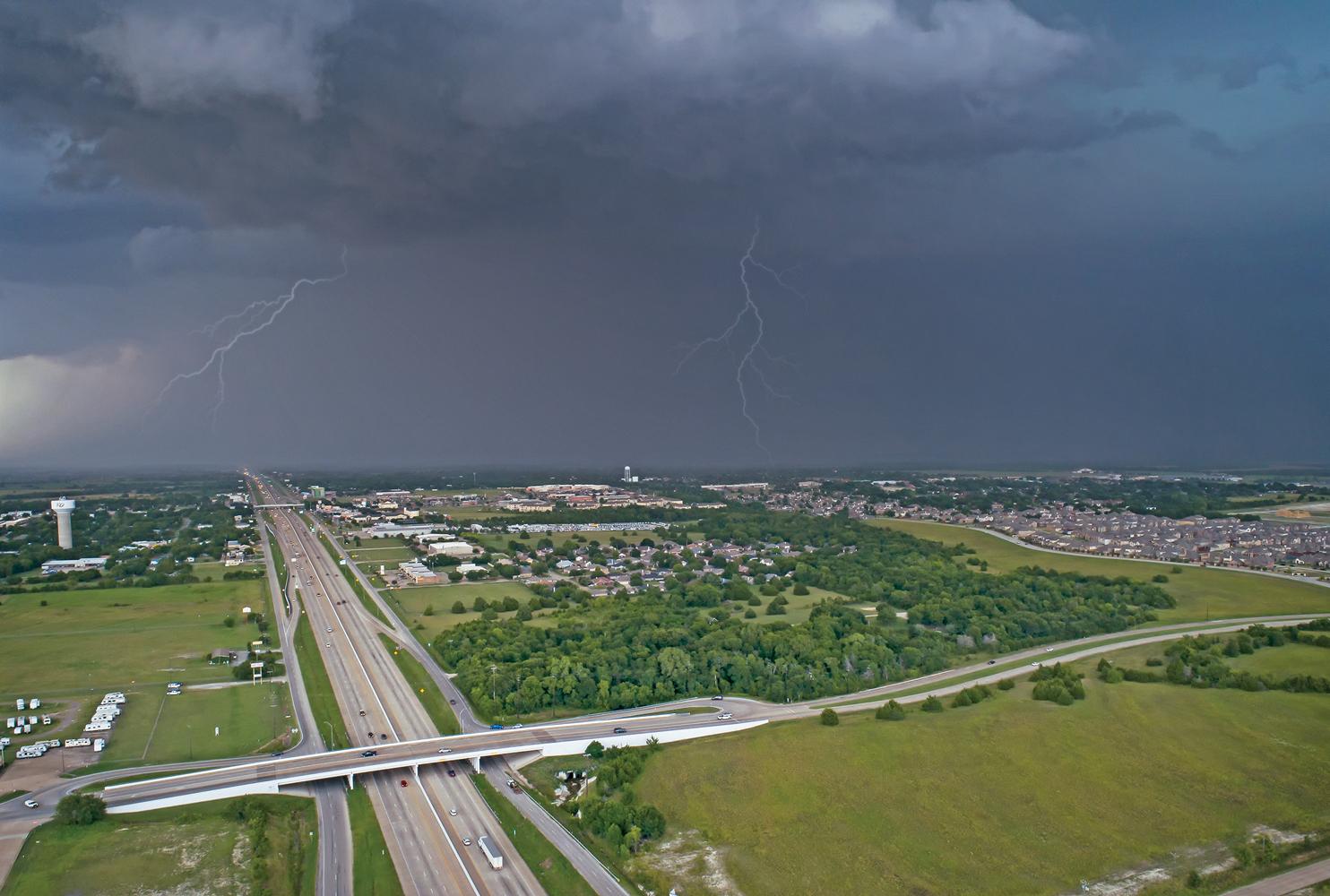 Drone photo taken on Saturday looking north from Pearson Park in Red Oak towards Lancaster and DeSoto.