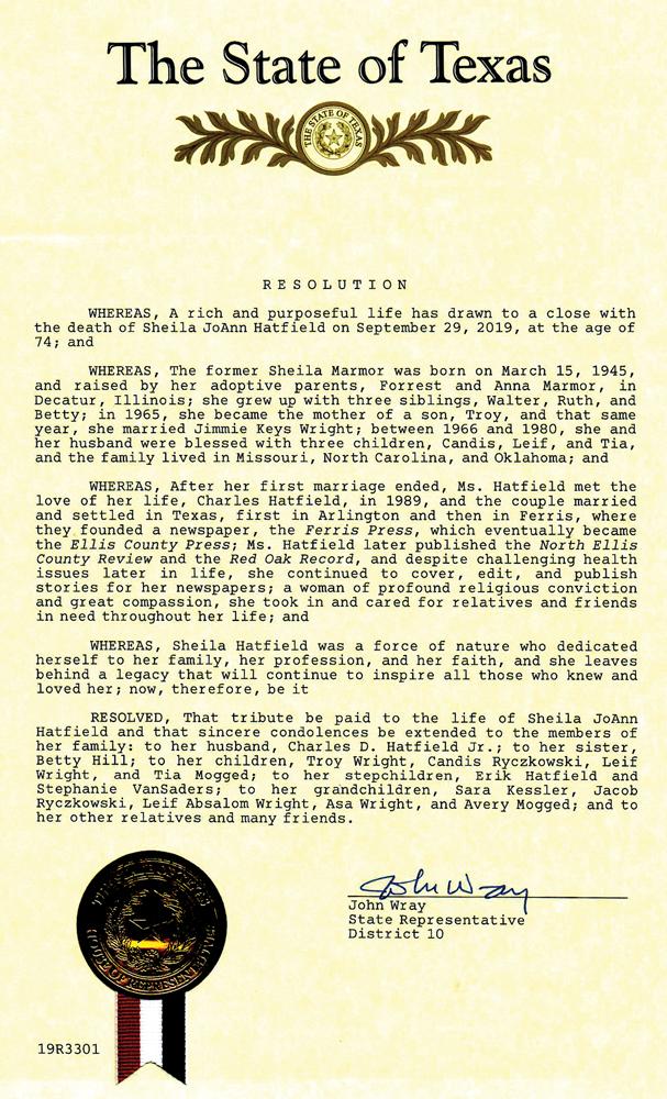 Resolution sent by the State of Texas and State Representative John Wray, District 10 to The Ellis County Press office honoring former editor Sheila Hatfield’s contributions to Ellis County.