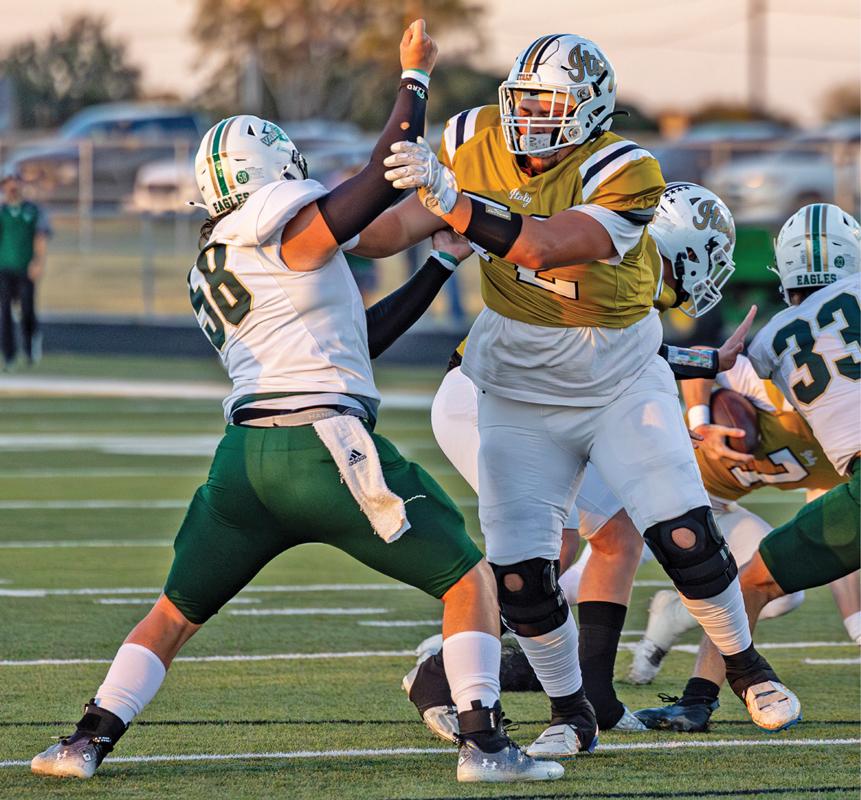 6'6", 295 lbs senior right guard Maddox Dickerson (72) helped the Gladiators rush for 203 yards and pass for 192 yards en-route to a 47-20 win over Valley Mills. Photo by Madison Thompson.
