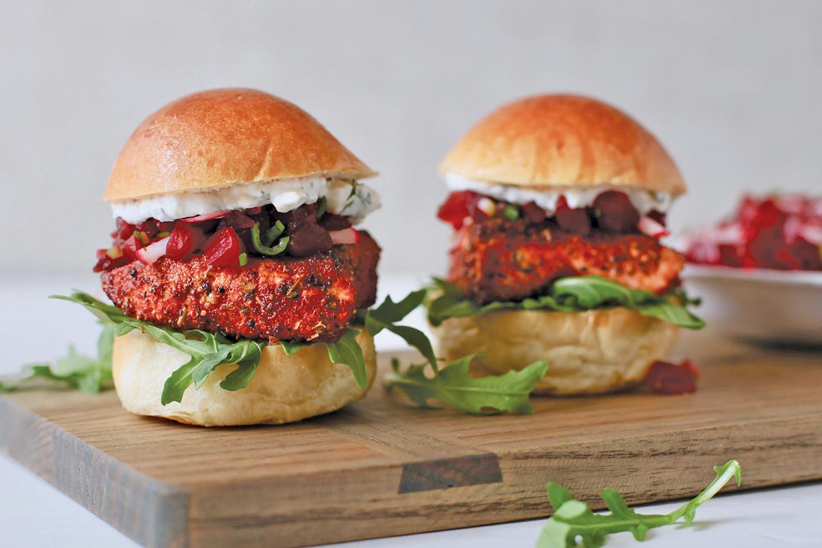 Blackened Salmon Sliders with Pickled Beet Relish