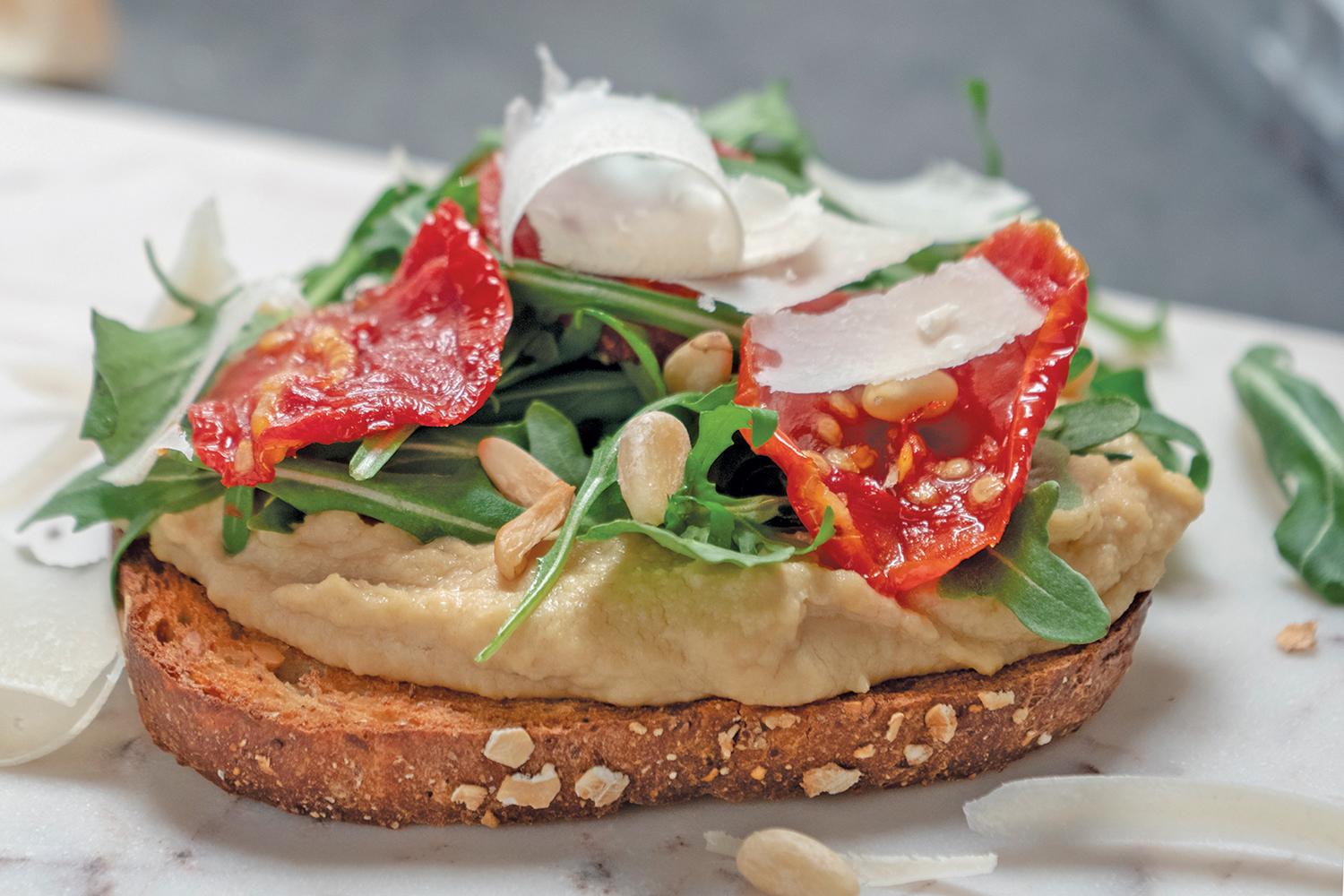 Hummus Toast with Sun-dried Tomatoes and Parmesan