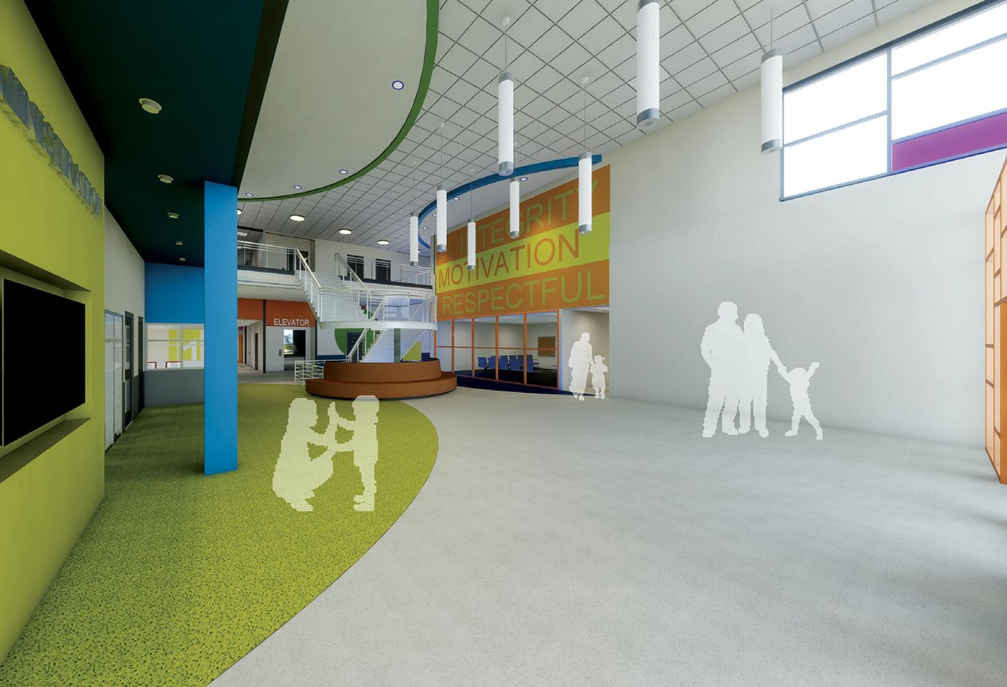 Lobby rendering of the Eddie Bernice Johnson Elementary School.
