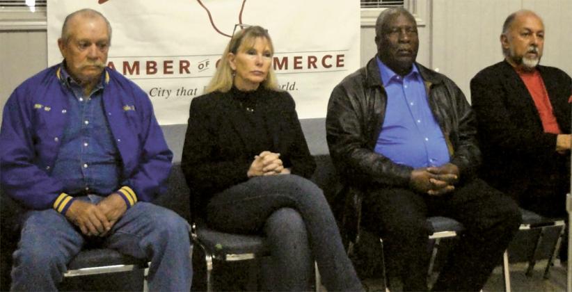 Ferris Chamber of Commerce Candidates Forum candidates shown – John Riley, Sherie Chapman, Tommy Scott, Rudy Amor – along with Michael Martinez, answered random questions during the hour-long event. Not attending were Bobby Lindsey, Cindy Aspin or Jennifer Stanford.