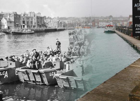 THEN & NOW – Boats full of United States troops waiting to leave Weymouth, Southern England, to take part in Operation Overlord in Normandy, June 1944.