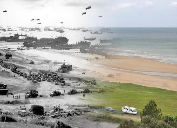 THEN & NOW – American craft of all styles crowd Omaha Beach near Colleville sur Mer, France, the afternoon of the Allied invasion on June 6, 1944.