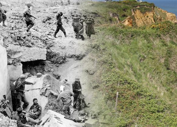 THEN & NOW – After the assault at the cliffs of Pointe du Hoc by the 2nd Ranger Battalion led by Colonel James E. Rudder (Texas A&M, Class of 1932), the Rangers established a command post. German prisoners were gathered, and an American flag was deployed for signaling on nearby Omaha Beach.