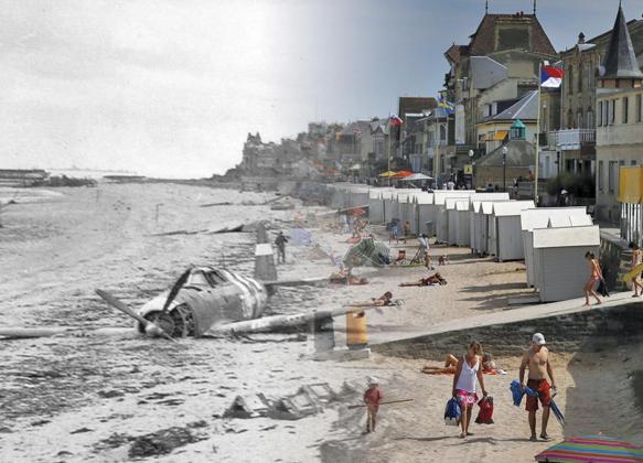 THEN & NOW – A crashed U.S. fighter plane on the waterfront some time after Canadian forces came ashore on a Juno Beach D-Day landing zone in Saint-Aubin-sur-Mer, France. 