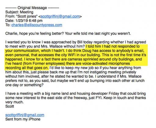Text from Ferris Economic Director to Hatfield discussing city’s ability to read personal emails and record conversations