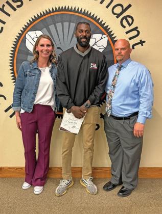FJH Assistant Principal Shandra Sanders, with FJH Teacher of the Month Brian Burrell, and FJH Acting Principal T.J. Knight.