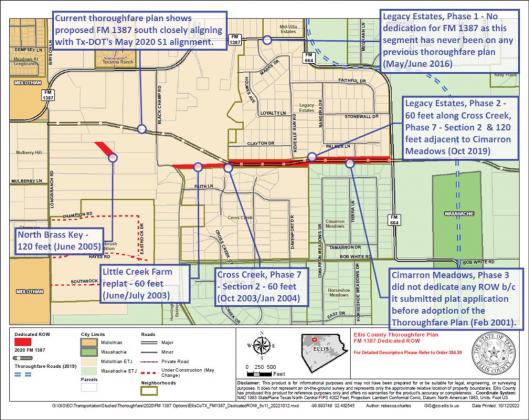 The southern versus northern route option for the proposed FM 1387 extension has been in the works since the late 1990s/early 2000s. Midlothian, Waxahachie, and Ellis County have had the alignment of this proposed extension on their respective thoroughfare plans since the early 2000s. The goal of the extension is to eventually extend it to IH-35 to provide for better mobility to address the growth the region anticipated.