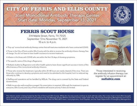 Flyer produced by the City of Ferris announcing the Joint Monoclonal Antibody Therapy Center.