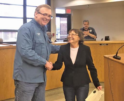 Ferris City Mayor Fred Pontley recognizes Kathy Harrington for her 30 years as Ferris Public Librarian. Kathy will be retiring on March 31.