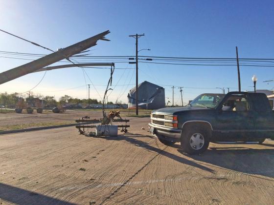 Downed power pole in front of the Easy Wash laundromat at 217 S. Main St.